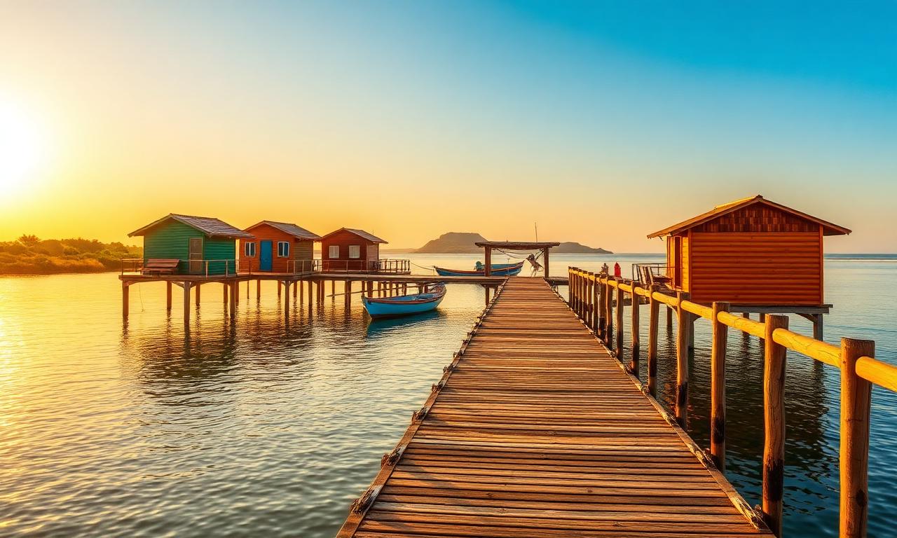 De waterkant met boardwalk van Cabanas de Tavira langs de Ria Formosa