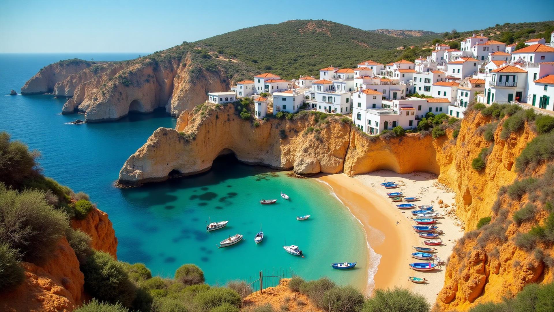 Het baaistrand en de kliffen van Carvoeiro in het gouden licht