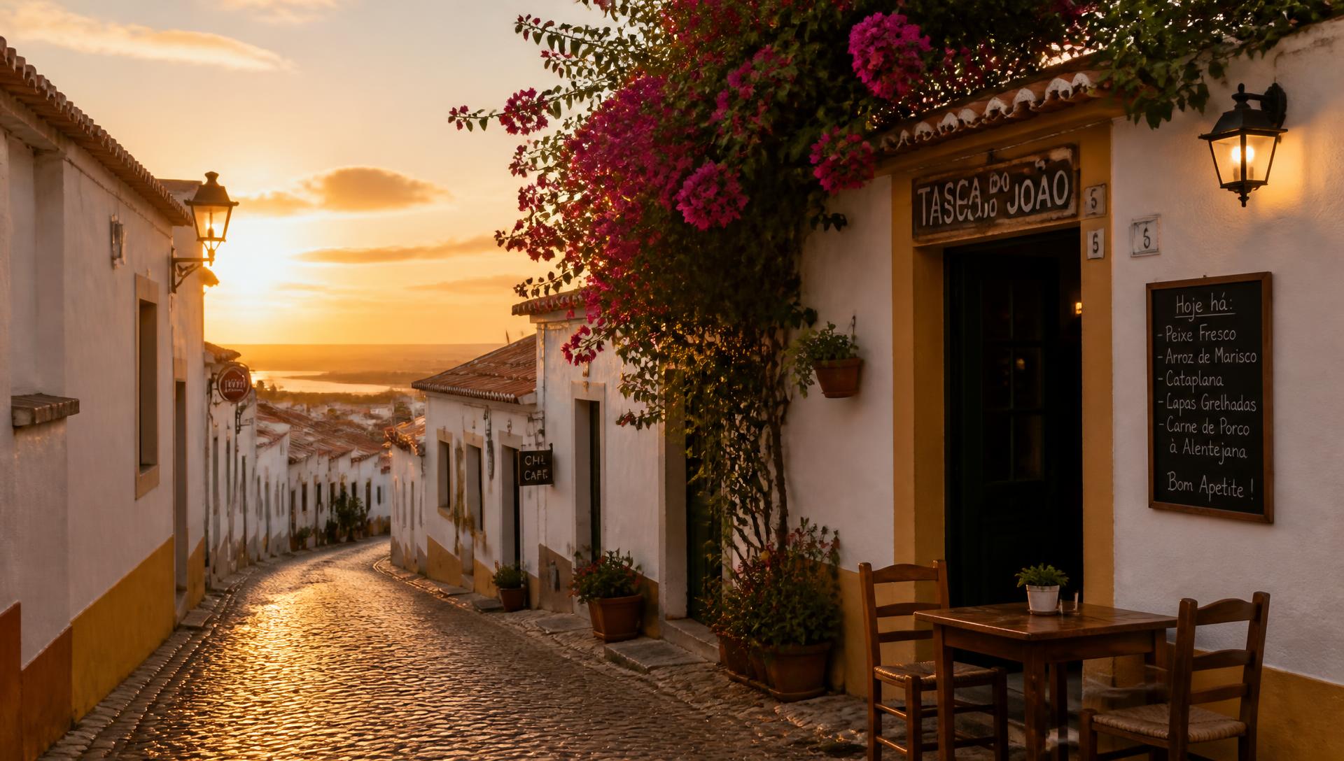Rustig geplaveid straatje in een Algarvees dorp bij zonsondergang