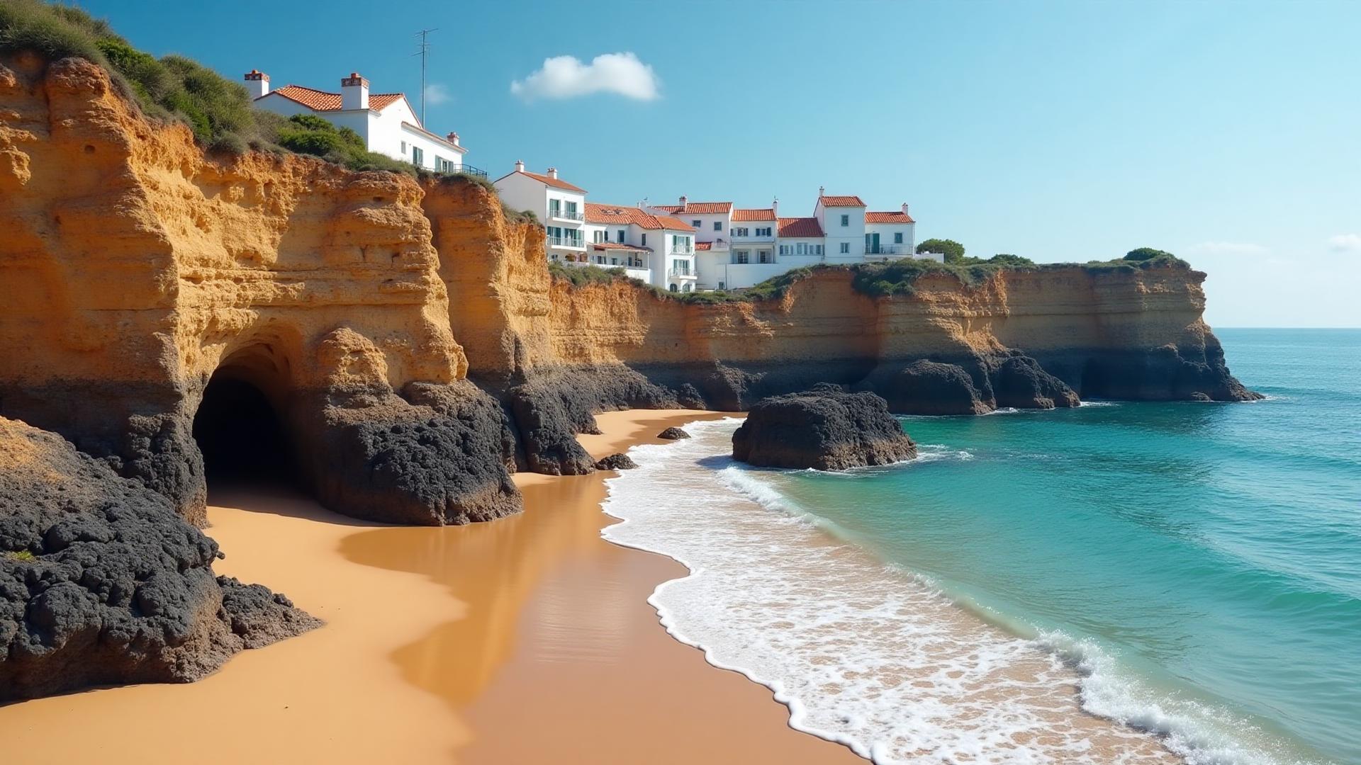 Het strand van Praia da Luz met de zwarte Rocha Negra-rots