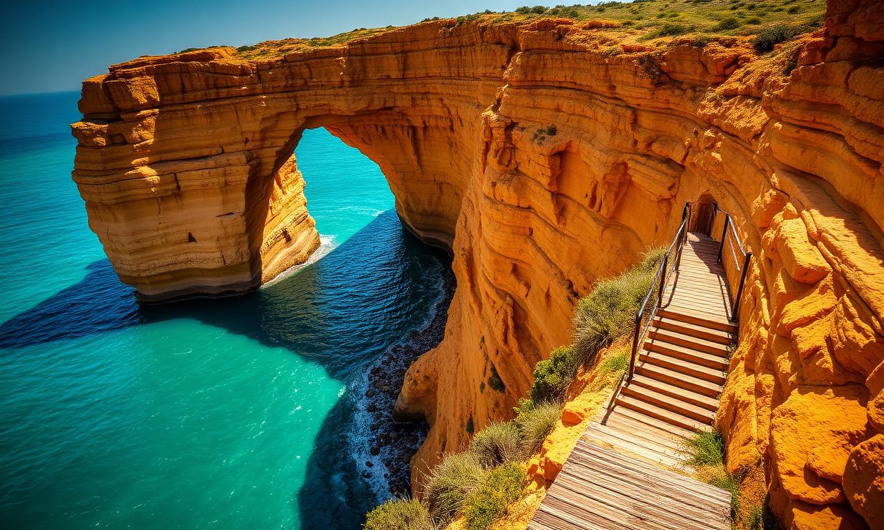 De gouden kalkstenen kliffen en zeepilaren van Ponta da Piedade bij Lagos